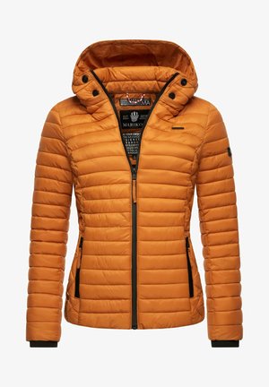 Orange puffer jacket with a hood, featuring quilted stitching, a front zipper, and side pockets. Black accents and branding inside.