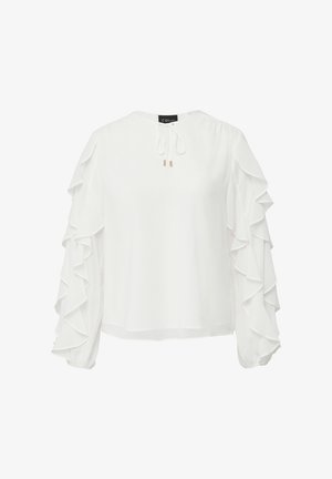 Witte blouse met lange, geruite mouwen en een strikdetail aan de voorkant. Gemaakt van lichte stof, met een losse pasvorm en ronde halslijn.