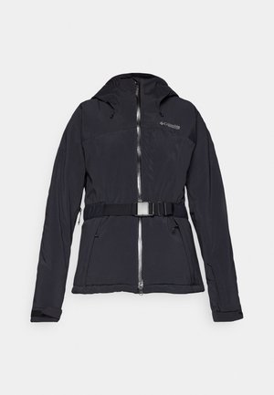 Juodas izoliotas švarkas su gobtuvu, priekiniais užtrauktukais ir diržo detale. Turi šonines kišenes ir tekstūruotą audinį. Kolumbijos logotipas ant krūtinės.