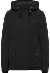 Giacca imbottita nera con cappuccio regolabile, chiusura a zip, due tasche laterali con patta e dettagli metallici. Realizzata in tessuto testurizzato.