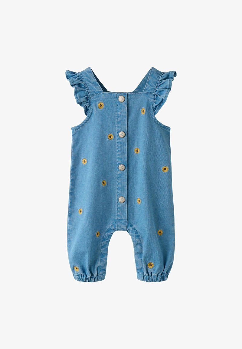 Μπλε denim φορμάκι μωρού με βολάν στα ραντάκια, μπροστινά κουμπιά με κλιπ, ελαστικά μανίκια και μικρή κίτρινη κεντημένη ηλίανθο διασκορπισμένη.