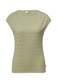 T-shirt à manches courtes vert clair en tissu texturé, présentant une coupe ajustée et un col rond sans ornements ni motifs.