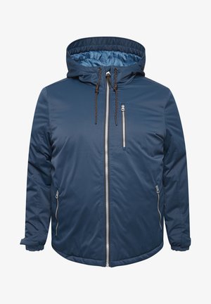 Sötétkék szigetelt dzseki kapucnival, elülső cipzárral, két oldalsó cipzáras zsebbel és rugalmas mandzsettákkal a szoros illeszkedésért.