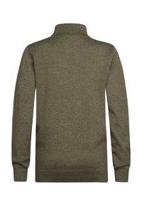 Maglione verde oliva con un colletto alto a coste, maniche lunghe e una texture liscia. Presenta un design classico e informale con orlo dritto.