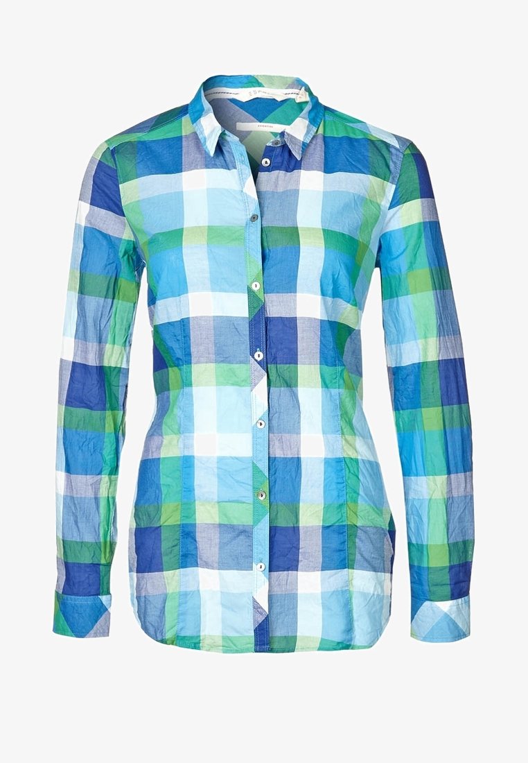 Camicia a maniche lunghe con un motivo a quadri in diverse tonalità di blu e verde. Realizzata in tessuto leggero, presenta un colletto standard.