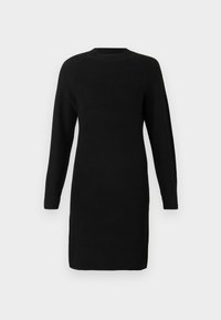 Abito nero a maniche lunghe in maglia con polsini, colletto e orlo a costine, caratterizzato da una silhouette semplice e aderente.