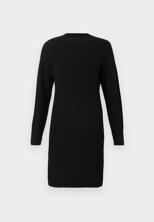 Abito nero a maniche lunghe in maglia con polsini, colletto e orlo a costine, caratterizzato da una silhouette semplice e aderente.