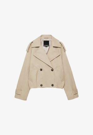 Trench-coat court beige avec larges revers, boutons croisés, épaulettes et poches avant par Pull&Bear.
