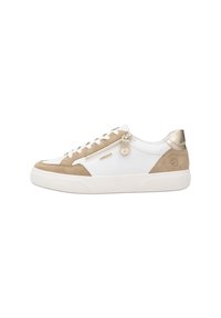 White sneakers with beige suede accents and metallic heel, featuring a side zipper and white rubber sole, designed for casual wear.