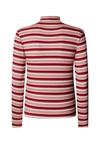 Langärmelig, ribbel top met horizontale strepen in rood, wit en roze, voorzien van een hoge kraag en een strakke pasvorm. Zachte textuur, snug fit.