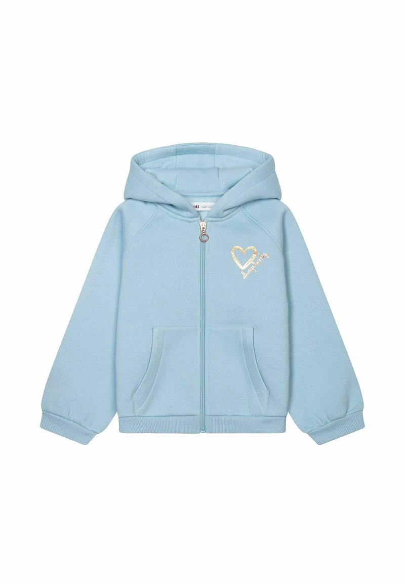 Felpa con zip di colore azzurro chiaro, dal tessuto morbido, dotata di cappuccio e due tasche anteriori. Presenta un design a forma di cuore dorato sul lato sinistro.