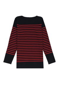 Chemise noire à manches longues avec des rayures rouges horizontales, dotée d'un col rond et d'une coupe régulière. Matière en coton doux.