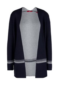 Marinblå lång cardigan med öppen framsidan, grå inre lager och ett texturerat horisontellt randmönster i botten. Mjuk trikå.