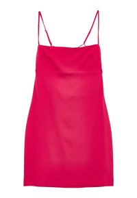 Růžové saténové šaty na ramínka s tenkými nastavitelnými pásky, rovný výstřih a hladká textura. Délka po kolena s volnějším střihem.