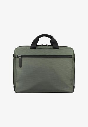 Sacoche d'ordinateur portable compacte de couleur vert olive avec une poche à fermeture éclair noire et deux poignées noires, conçue pour un usage professionnel et décontracté.