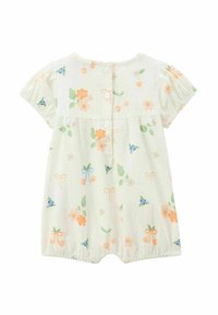 Jumper léger en coton blanc avec des motifs floraux et des nœuds en orange, bleu et vert. Manches courtes et fermetures à boutons au dos.