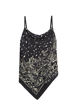 Top nero senza maniche in stile sciarpa con spalline sottili e motivi floreali e paisley bianchi su un orlo appuntito.