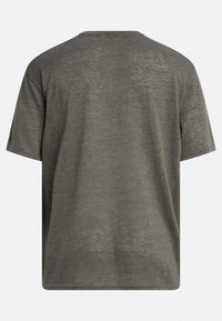 Gray cotton t-shirt with short sleeves and a round neckline. The back features a smooth texture and a subtle heathered pattern.