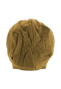 Brown cotton beanie hat with a stitched seam detail, rounded shape, and soft texture, showing folds and creases throughout.