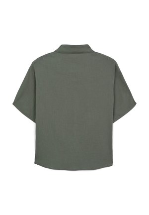 Chemise à manches courtes avec col, de couleur vert olive foncé, en tissu léger à finition texturée, avec un ourlet droit et une coupe décontractée.
