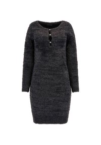 Pitkähihainen, tummanharmaa neulemekko, jossa on pörröinen pinta. Mekossa on pyöreä kaula-aukko ja kolme koristepainiketta rinnan kohdalla.