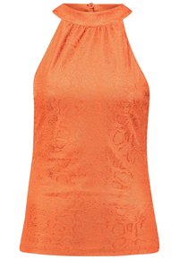Orange halterneck-top i texturerat material med ett subtilt mönster; har en knäppning bak.