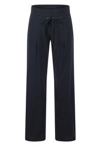 Schwarze, weit geschnittene Hose aus leichtem Stoff, mit Kordelzugbund, gefältelter Vorderseite und glatter Textur.