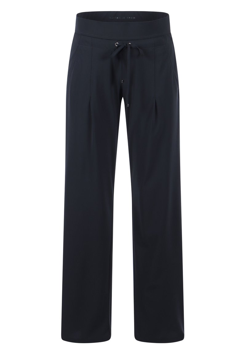 Schwarze, weit geschnittene Hose aus leichtem Stoff, mit Kordelzugbund, gefältelter Vorderseite und glatter Textur.