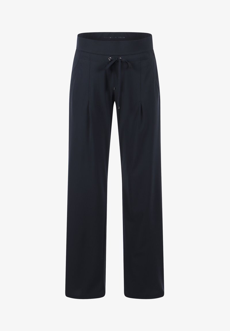 Schwarze, weit geschnittene Hose aus leichtem Stoff, mit Kordelzugbund, gefältelter Vorderseite und glatter Textur.