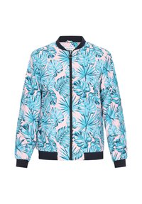 Giacca bomber con sfondo rosa, caratterizzata da vivaci motivi di foglie tropicali verdi e blu, chiusura con zip e polsini e orlo a costine blu navy.