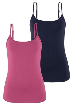 Deux débardeurs : un rose et un bleu marine, en coton doux, avec des bretelles fines réglables et une coupe ajustée sans motifs ni accents.