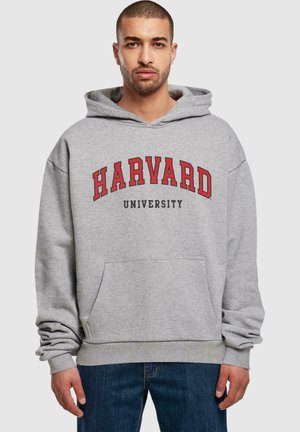 Gray hoodie featuring a large red "HARVARD" logo and "UNIVERSITY" text below. It has a front pocket and ribbed cuffs. Soft material, relaxed fit.