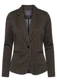 Brun och svart hounds-tooth mönstrad damblazer med kavajkrage, en svart knappknäppning och två framfickor.