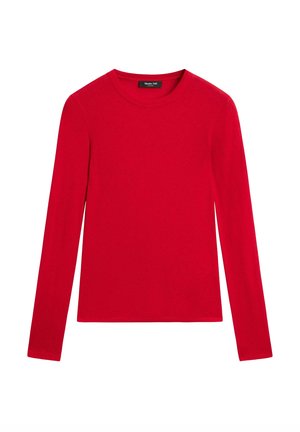 Rode langwerpige t-shirt met lange mouwen, gemaakt van zacht materiaal, met een klassieke ronde halslijn en een aansluitende pasvorm. Soepele textuur zonder patronen.