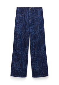 Wide-leg dark blue jeans with a subtle abstract floral pattern and classic five-pocket design.
