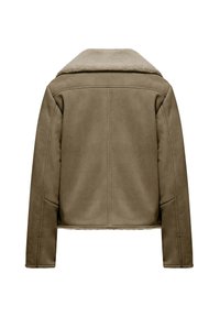 Bruine faux leren jas met een schapenvachtkraag, cropped ontwerp en zijzakken. Gladde textuur en nette stiksels.