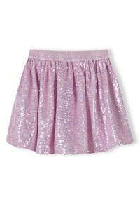 Jupe en sequins roses avec une taille élastique, présentant un design évasé et une surface brillante qui reflète la lumière et affiche des couleurs variées.