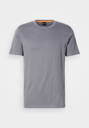 Grå T-shirt med korte ærmer lavet af blødt stof, med rund hals, subtil BOSS-logo på brystet og en orange detalje indeni kraven.