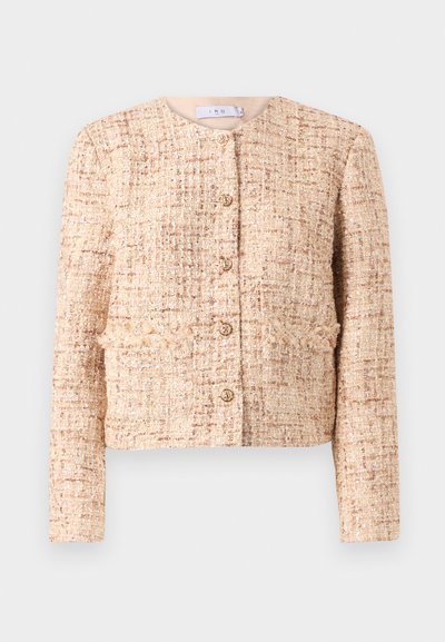 Beige tweed jacket with a textured surface, round neckline, and front button closure, featuring subtle gold accents and a cropped fit.