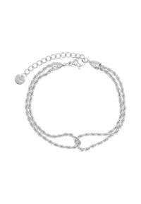 Bracciale in catena argentata intrecciata con chiusura a molla e lunghezza regolabile. Presenta un pendente e un design testurizzato e intrecciato.