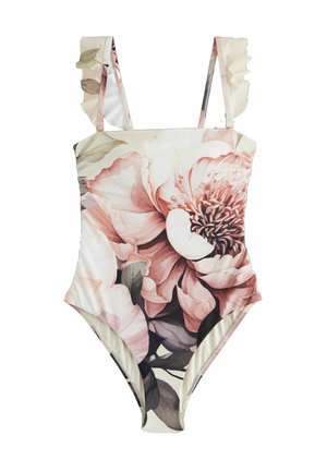 Eénstuk badpak met bloemenprint. Kenmerken zijn rimpelige schouderbanden, een getailleerde lijfje en hoge benen. Kleuren zijn zachte roze en groene tinten.