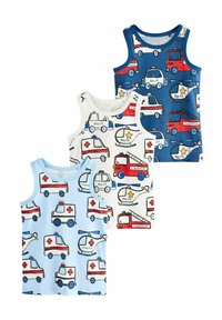 Drei Tanktops mit bunten, verspielten Motiven von Einsatzfahrzeugen wie Krankenwagen und Feuerwehrautos, hauptsächlich in Blau, Weiß und Rot.