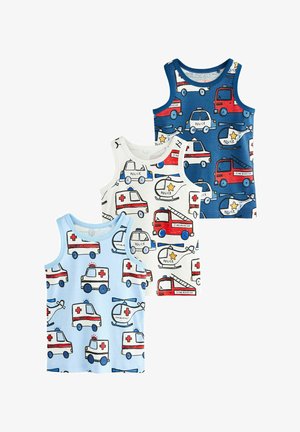 Drei Tanktops mit bunten, verspielten Motiven von Einsatzfahrzeugen wie Krankenwagen und Feuerwehrautos, hauptsächlich in Blau, Weiß und Rot.