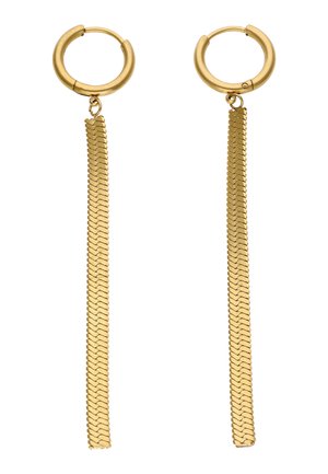 Cercei cerc aurii cu ciucuri lungi din lanț plat, atârnând drept în jos, design simplu și lustruit.
