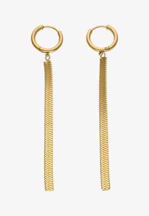 Boucles d'oreilles créoles en or avec des pampilles composées de chaînes longues et plates qui pendent droit, design simple et élégant.