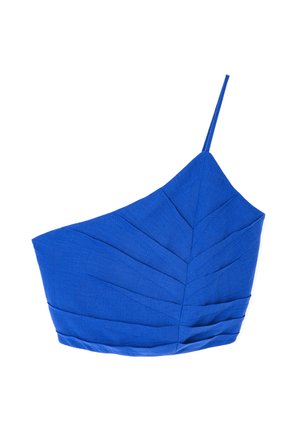 Blaues Leinen-Top mit einem Schulterträger, das eine gefaltete, blattartige Textur und einen dünnen Träger aufweist, entworfen mit einer strukturierten, asymmetrischen Form.