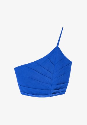 Blauwe linnen top met één schouder, met een geplooid bladvormig structuur en een dunne band, ontworpen met een gestructureerde, asymmetrische vorm.