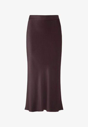 Burgunderfarbene, bodenlange Rock aus glattem, leichtem Stoff. Mit einer taillierten Taille und einem leicht ausgestellten Saum für Bewegungsfreiheit.