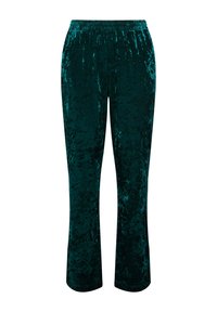 Fluwelen broek in een teal kleur, met een elastische tailleband en een taps toelopend ontwerp, dat een gestructureerd oppervlak met subtiele glans toont.