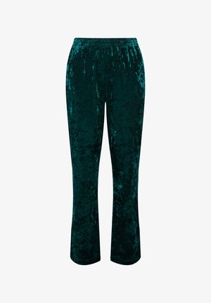 Samt-Hosen in einer türkisfarbigen Nuance, mit einem elastischen Bund und schmal zulaufendem Bein, das eine strukturierte Oberfläche mit dezentem Glanz zeigt.